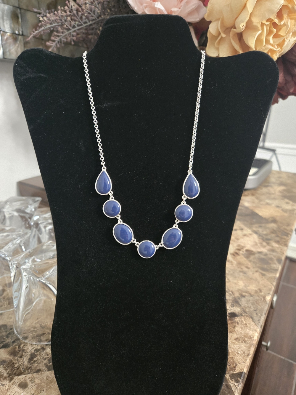 Blue Stone Silver-Tone Teardrop & Round Necklace